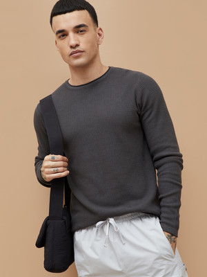 BOSSINI Solid Round Neck Casual Men Black Sweater