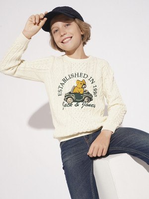 Jack & Jones Junior Self Design Round Neck Casual Boys White Sweater