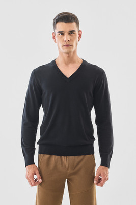 Snitch Solid V Neck Casual Men Black Sweater