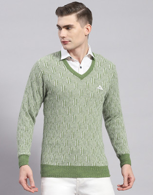 MONTE CARLO Self Design V Neck Casual Men Light Green Sweater