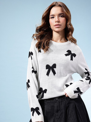 kasam Printed Round Neck Casual Women White Sweater