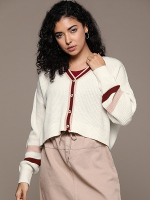 Roadster Self Design V Neck Casual Women White Sweater