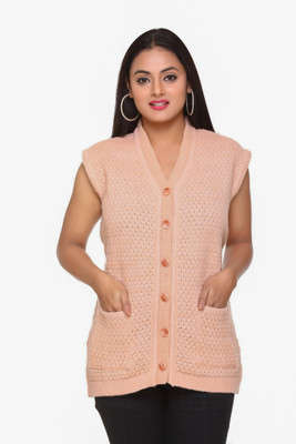 WOOL 4U Self Design V Neck Casual Women Orange Sweater