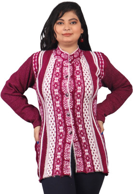 Rebiva Printed Mandarin Neck Casual Women Purple Sweater
