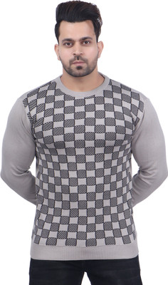 FEVERFEW Checkered Round Neck Casual Men Grey Sweater