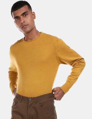 FLYING MACHINE Solid Round Neck Casual Men Yellow Sweater