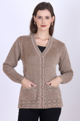 First Sleep Printed V Neck Casual Women Reversible Brown Sweater
