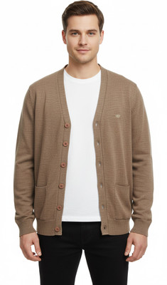 VOMAZO Solid V Neck Formal Men Brown Sweater