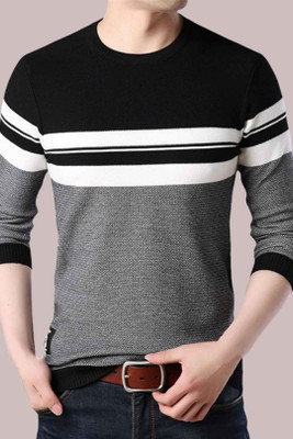 urban trees Striped Round Neck Casual Men Grey, Black, White Sweater
