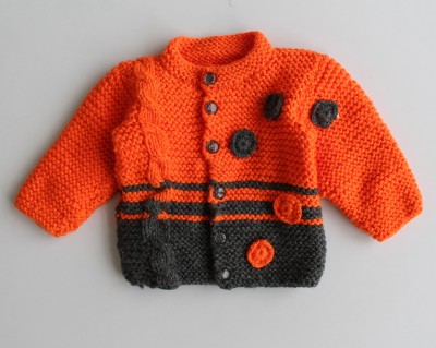 Woonie Self Design Round Neck Casual Baby Boys & Baby Girls Orange Sweater