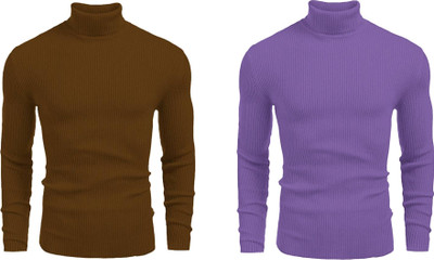 FASHLOOK Solid, Striped High Neck Casual Men Multicolor Sweater