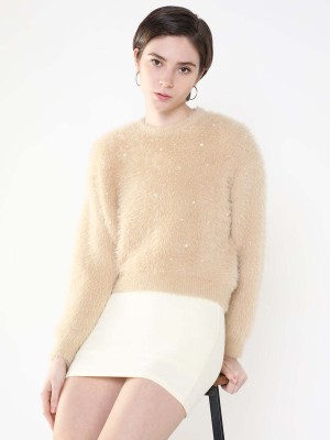 Showoff Embellished Round Neck Casual Women Beige Sweater