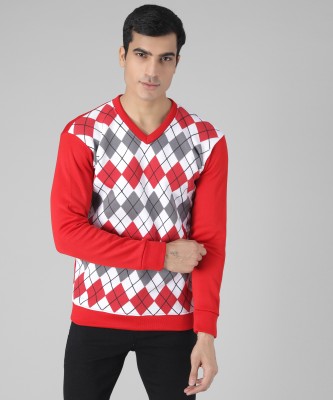 WEARUP Checkered V Neck Casual Men Red Sweater