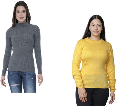 Indeweaves Solid High Neck Casual Women Grey, Yellow Sweater