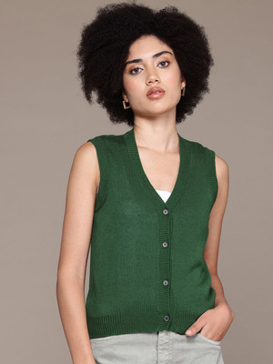 Roadster Self Design V Neck Casual Women Green Sweater