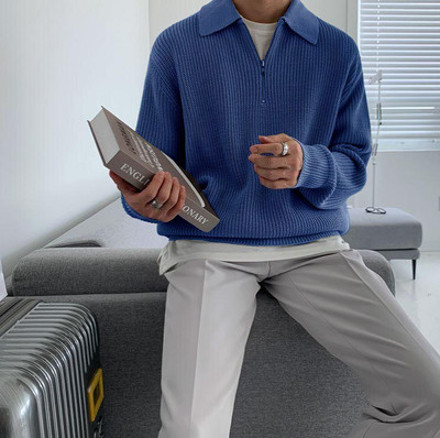 Eddicted Solid Collared Neck Casual Men Blue Sweater