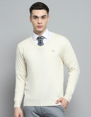 MONTE CARLO Solid V Neck Casual Men White Sweater
