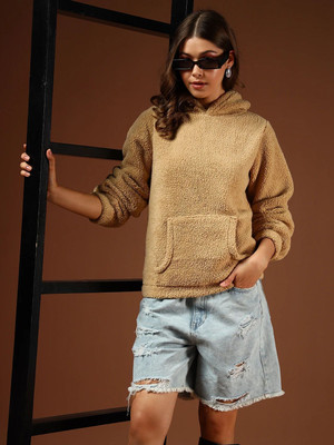 THE DRY STATE Solid Hooded Neck Casual Women Brown Sweater