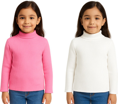 Parilux Self Design High Neck Casual Girls Pink, White Sweater