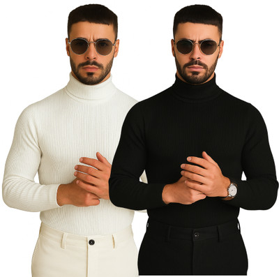 Madilyn Striped High Neck Casual Men White, Black Sweater