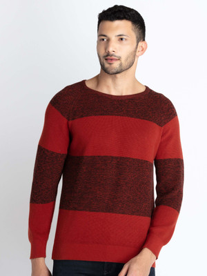 Status Quo Colorblock Round Neck Casual Men Brown Sweater