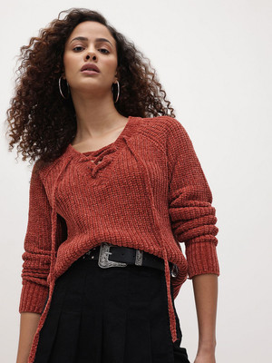Roadster Self Design V Neck Casual Women Red Sweater
