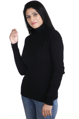 WHITEHEAVEN Solid High Neck Casual Women Black Sweater