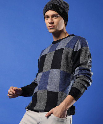 CAMPUS SUTRA Solid High Neck Casual Men Blue Sweater