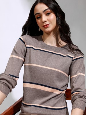 Tokyo Talkies Striped Round Neck Casual Women Grey Sweater