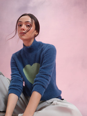 Dressberry Solid Turtle Neck Casual Women Blue Sweater