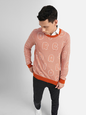 JACK & JONES Printed Round Neck Casual Men Orange Sweater