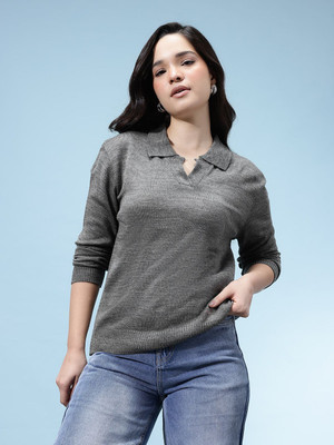 Glitchez Solid Collared Neck Casual Women Grey Sweater