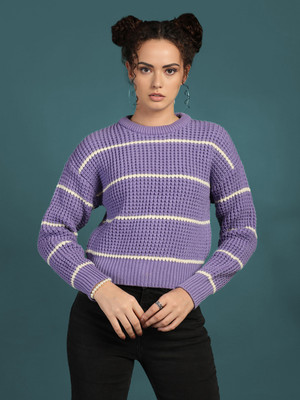 CHKOKKO Striped Round Neck Casual Women Purple Sweater