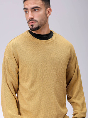 The Indian Garage Co. Solid Crew Neck Casual Men Yellow Sweater