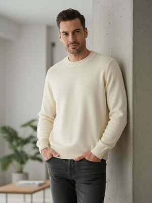 Carta Solid Round Neck Formal Men White Sweater