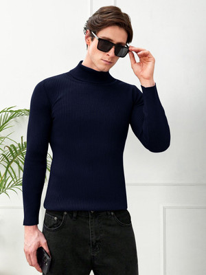 urban trees Solid High Neck Casual Men Dark Blue Sweater