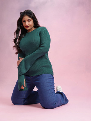 DressBerry Curve Solid Round Neck Casual Women Green Sweater