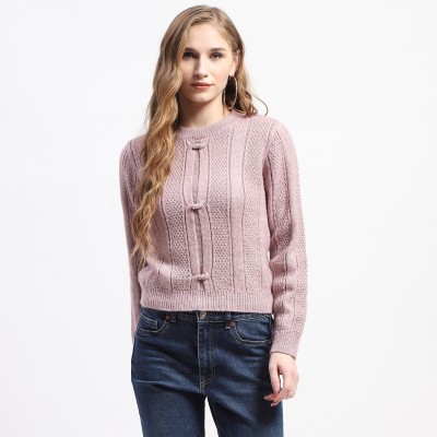 MADAME Solid Round Neck Casual Women Purple Sweater