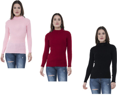 Indistar Solid High Neck Casual Women Pink, Maroon, Black Sweater