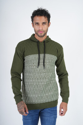 manra Self Design Hooded Neck Casual Men Green Sweater