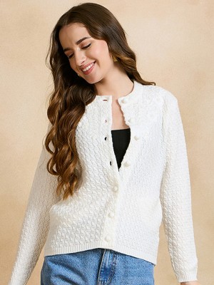 CLAPTON Self Design Round Neck Casual Women White Sweater