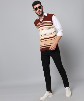 WILLEY Striped V Neck Casual Men Brown Sweater