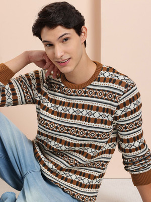 Mast & Harbour Self Design Round Neck Casual Men White Sweater