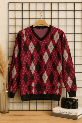 Austivo Printed Round Neck Casual Men Red Sweater