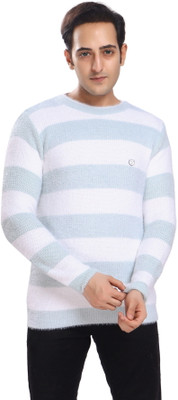 Pipasa Self Design Round Neck Casual Men Light Blue, White Sweater