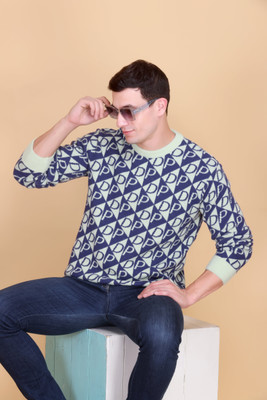 CLAPTON Printed Round Neck Casual Men Green, Blue Sweater
