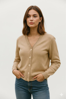 Nxtwin Solid V Neck Casual Women Beige Sweater
