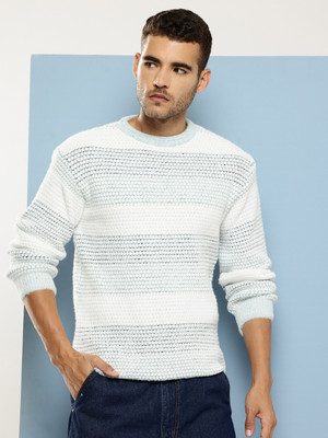 MUHURATAM Self Design Round Neck Casual Men Blue Sweater