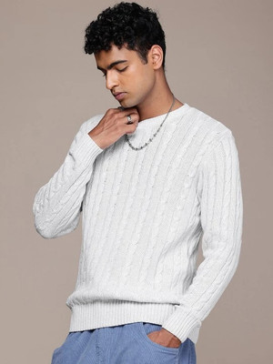 Roadster Self Design Round Neck Casual Men Grey Sweater