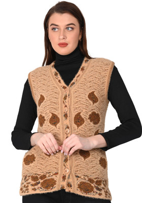 HITTIKA Self Design V Neck Casual Women Beige Sweater